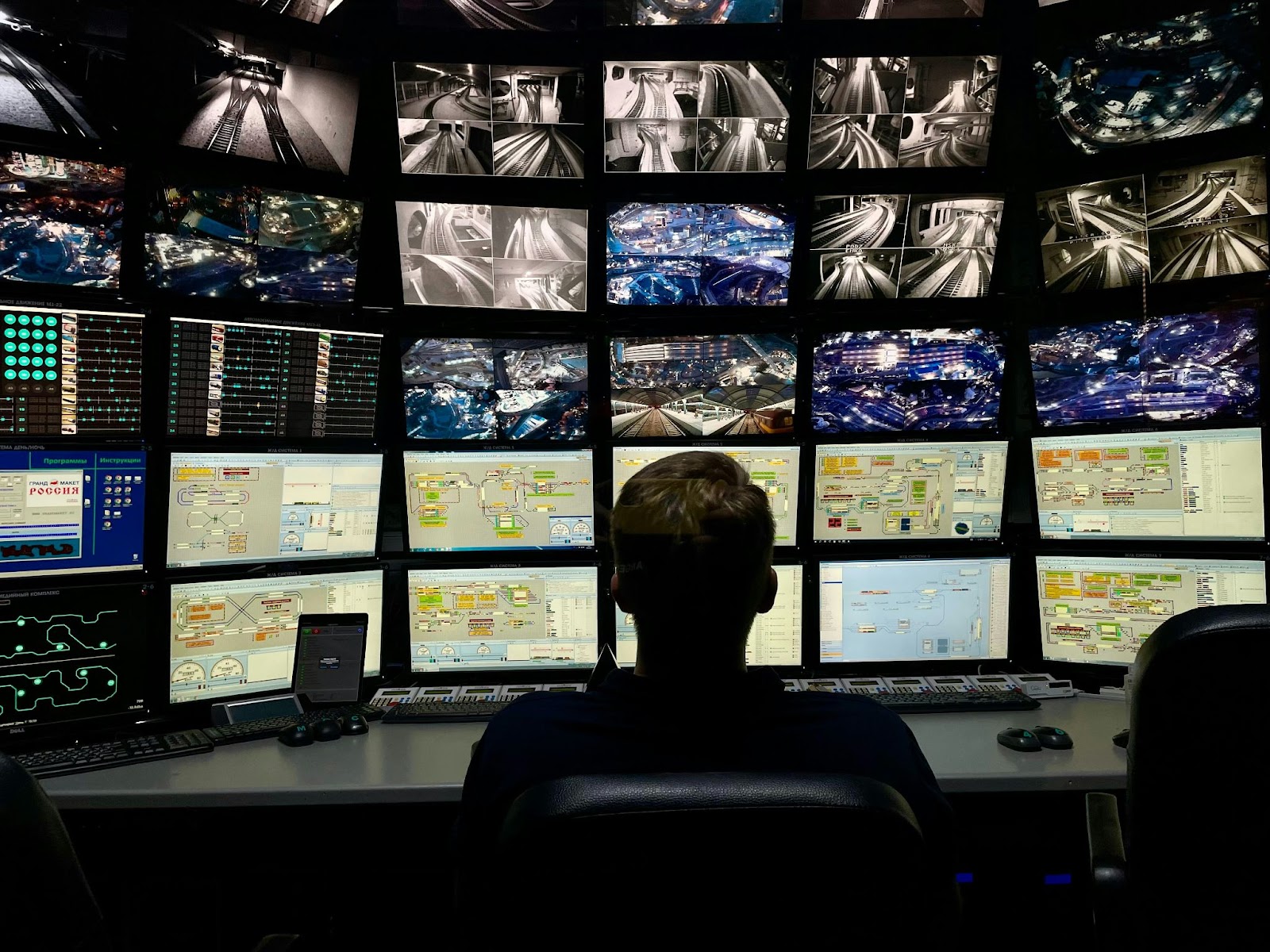 A person in a dark control room looking at a large wall of security monitors