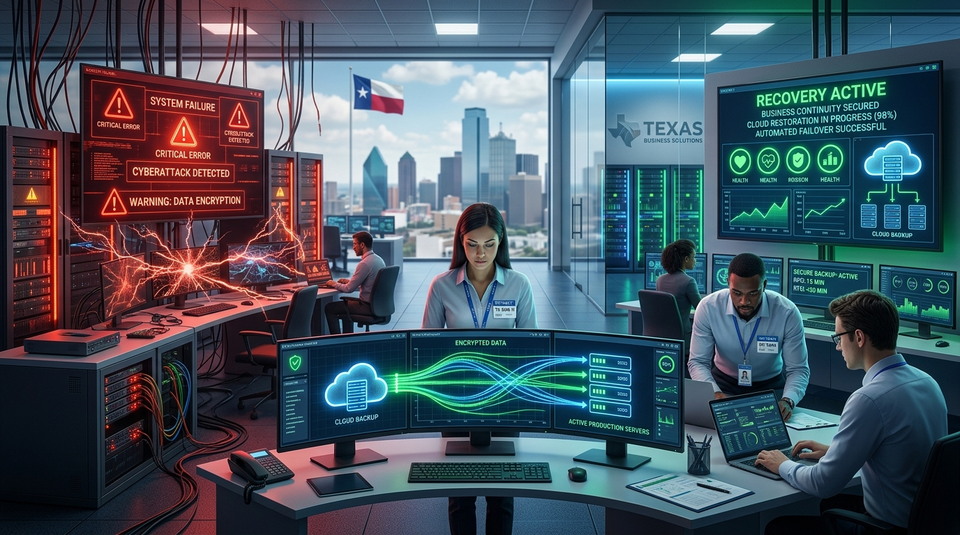 IT infrastructure recovery and business continuity solutions with Texas flag and data restoration in progress.