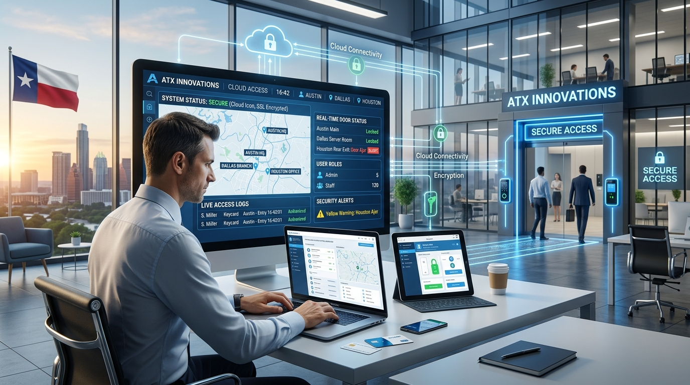 Cloud-based access control dashboard displaying multiple door status and user access for Texas businesses.