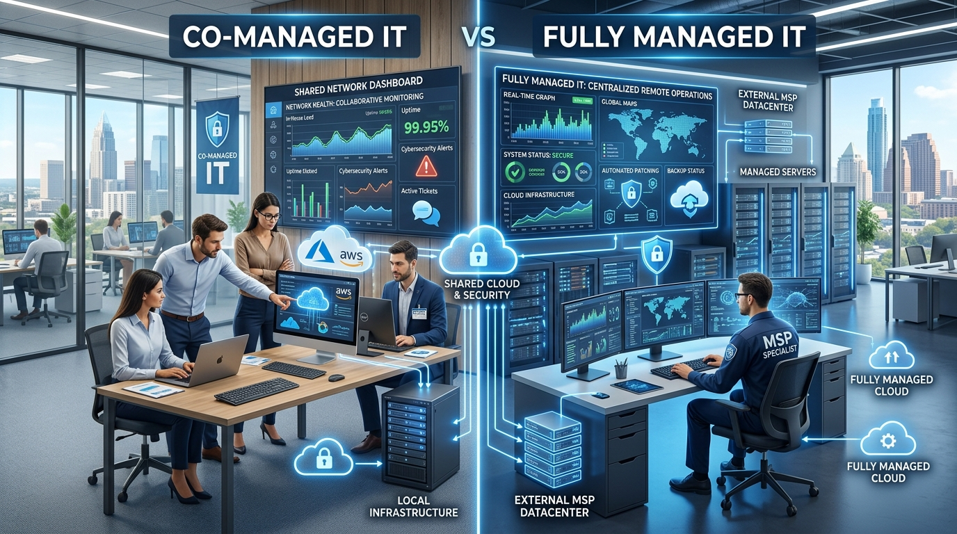 Co-managed and fully managed IT services comparison: shared network dashboard, centralized remote operations, and Texas Communication Services solutions.