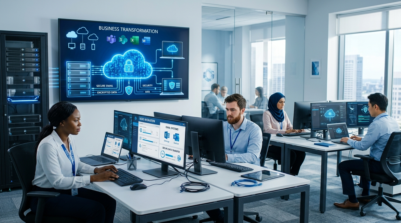 IT professionals collaborating on Microsoft 365 cloud migration and business transformation.