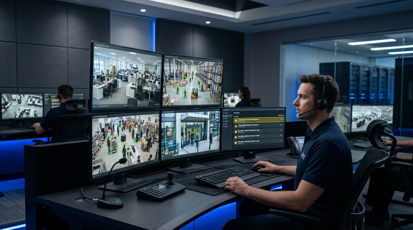 Security analyst reviewing commercial surveillance camera feeds in control room.