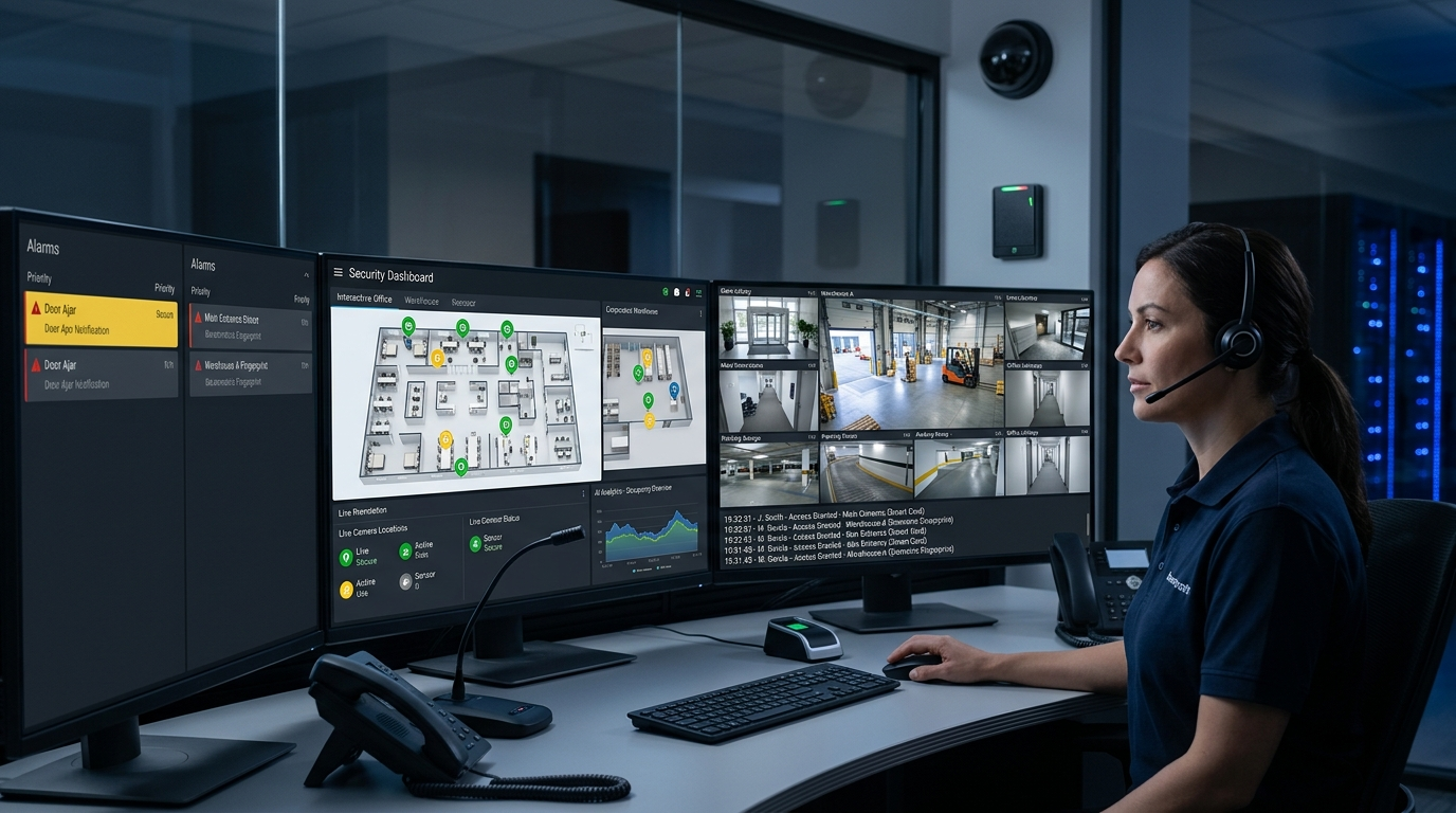 Security operations center monitoring security cameras and alarms, integrated access control system.