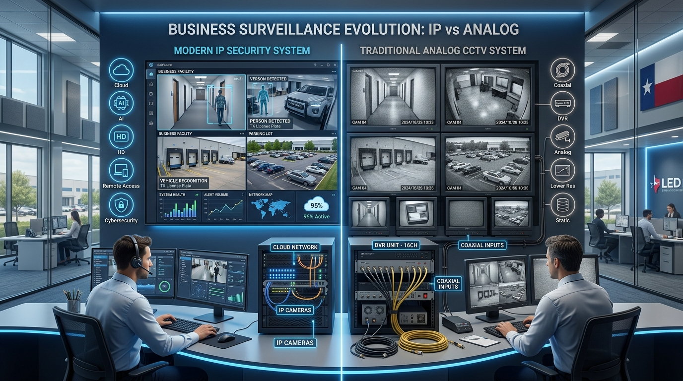 IP and analog security camera comparison in a modern security operations room, Texas Communication Services.
