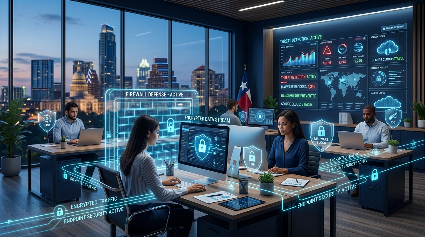 Texas small business cybersecurity network with firewall defense and endpoint security active.