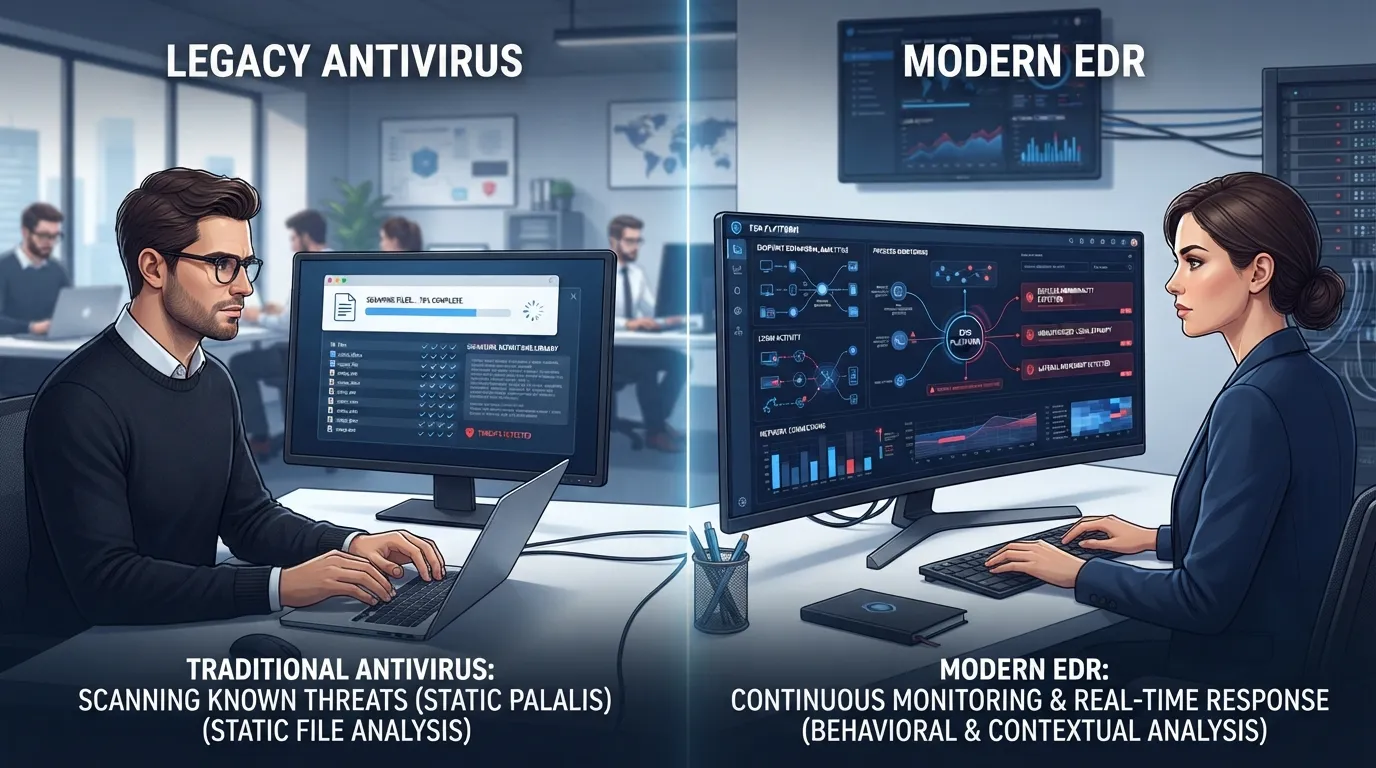 EDR vs antivirus showing the difference between signature-based protection and behavioral threat detection