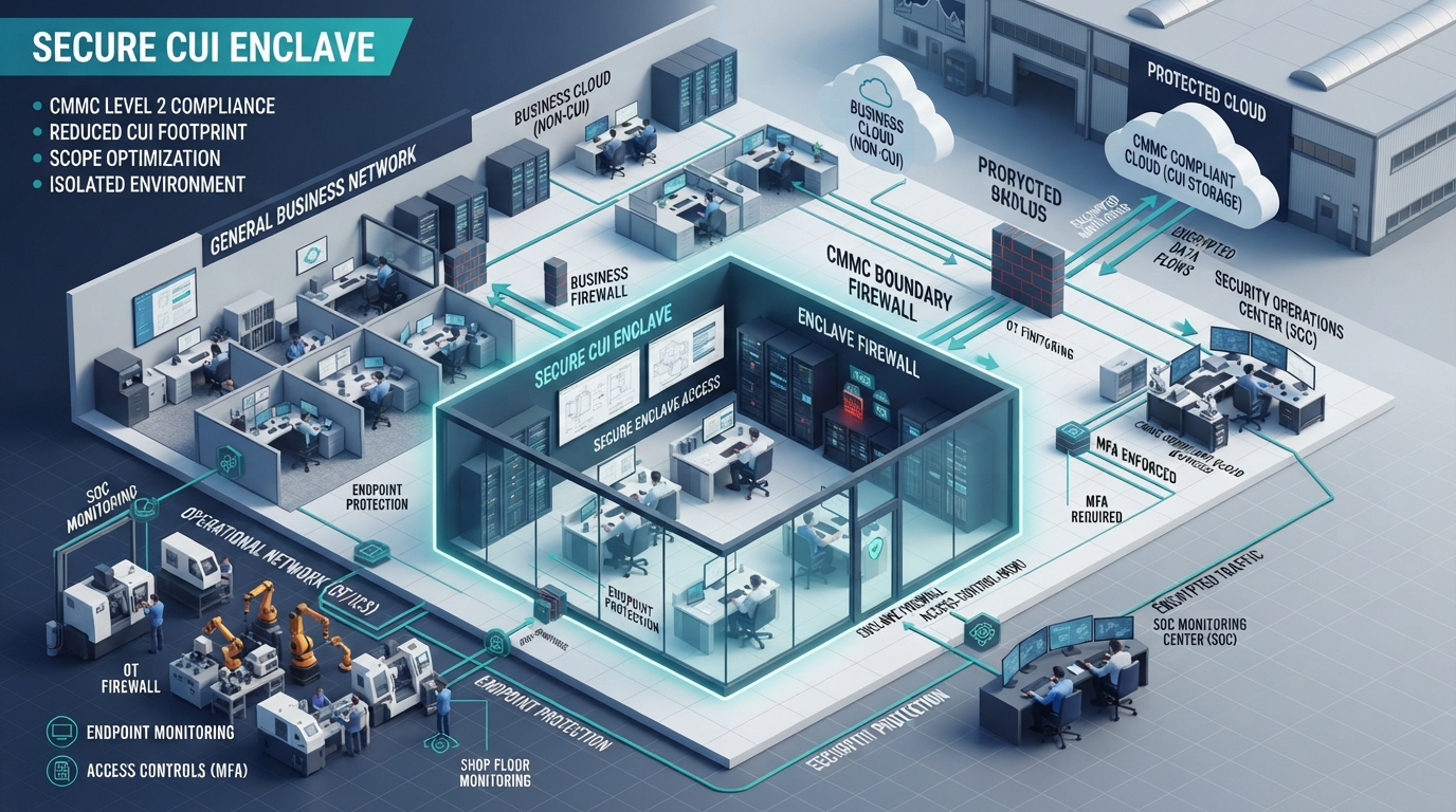 CMMC Level 2 CUI enclave separating sensitive defense data from the wider business network
