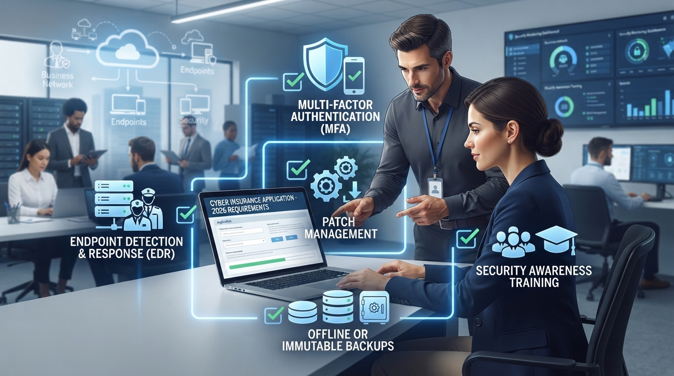 Cyber insurance requirements for businesses including MFA, EDR, backups, training, and patching